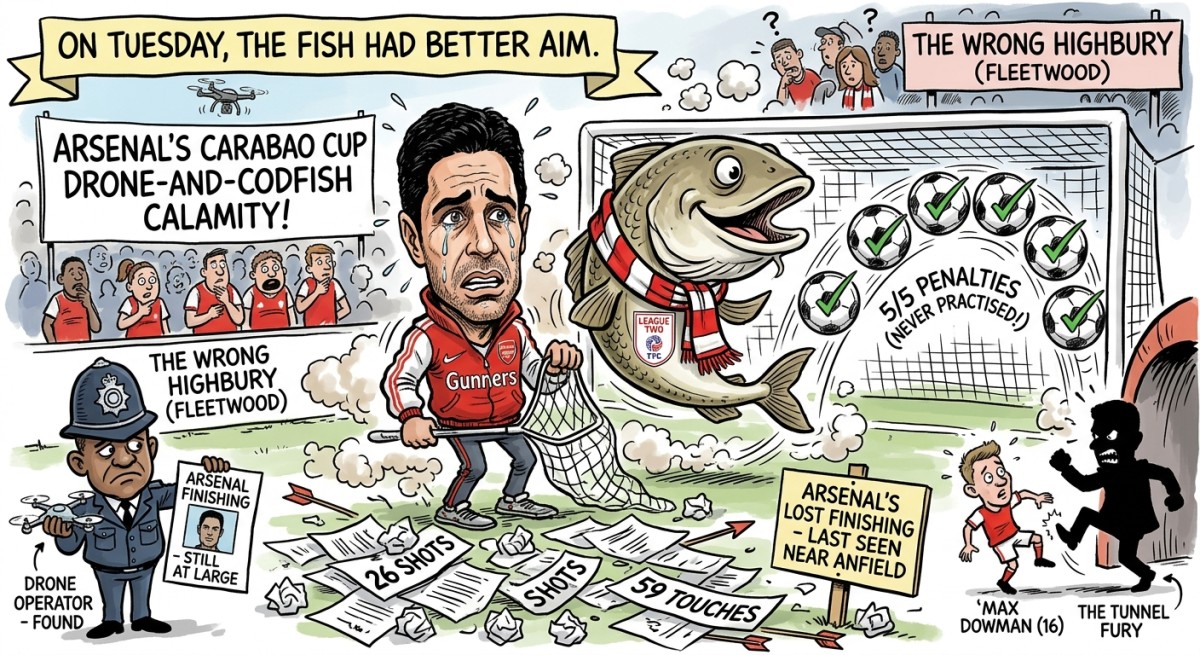 Arsenal Survive a Drone Attack at Highbury, Then Get Shot Down Anyway by a Fishing Town That Never Practised Penalties