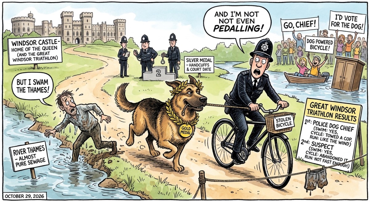 Windsor Suspect Swims the Thames, Steals a Bike, Then Loses His Triathlon to a Police Dog Towing a Cop on That Same Bike
