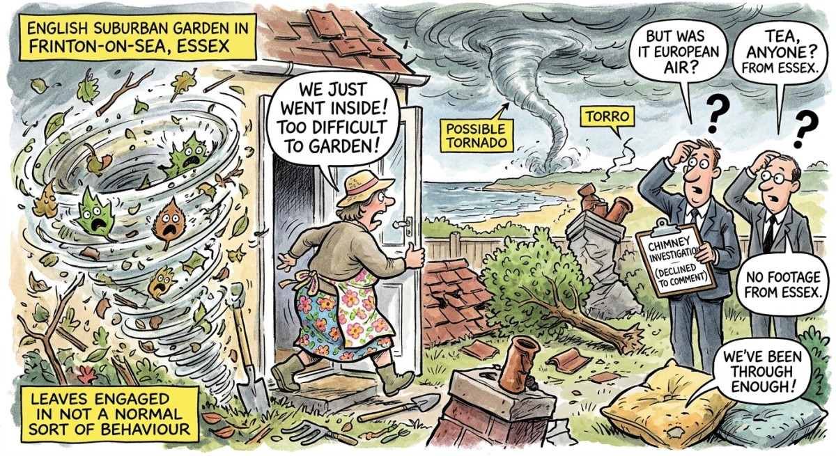 Possible Tornado Hits Essex as Witness Reports Leaves Engaged in "Not a Normal Sort of Behaviour" and Britain Bravely Goes Inside