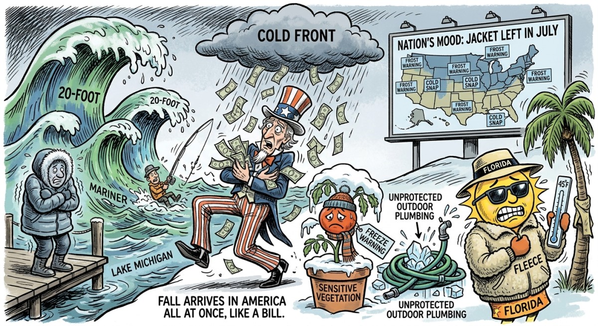 Fall Arrives in America All at Once, Like a Bill: Freeze Warnings, 20-Foot Waves and Floridians in Fleece