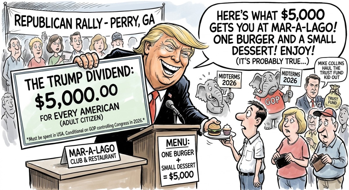 Trump Promises Every American $5,000 If Republicans Win, Having Already Disclosed It Buys One Hamburger and a Small Dessert at Mar-a-Lago