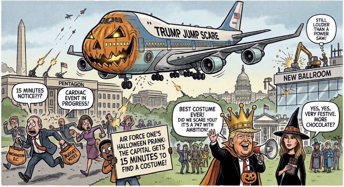Trump Celebrates Halloween by Dressing Air Force One as a Low-Flying Jump Scare; Washington Gets 15 Minutes to Find Its Costume