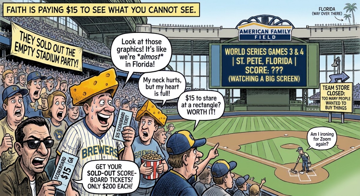 Brewers Fans Pay $15 to Watch an Empty Ballpark's Scoreboard Show a World Series in Florida, and It Sold Out in 20 Minutes