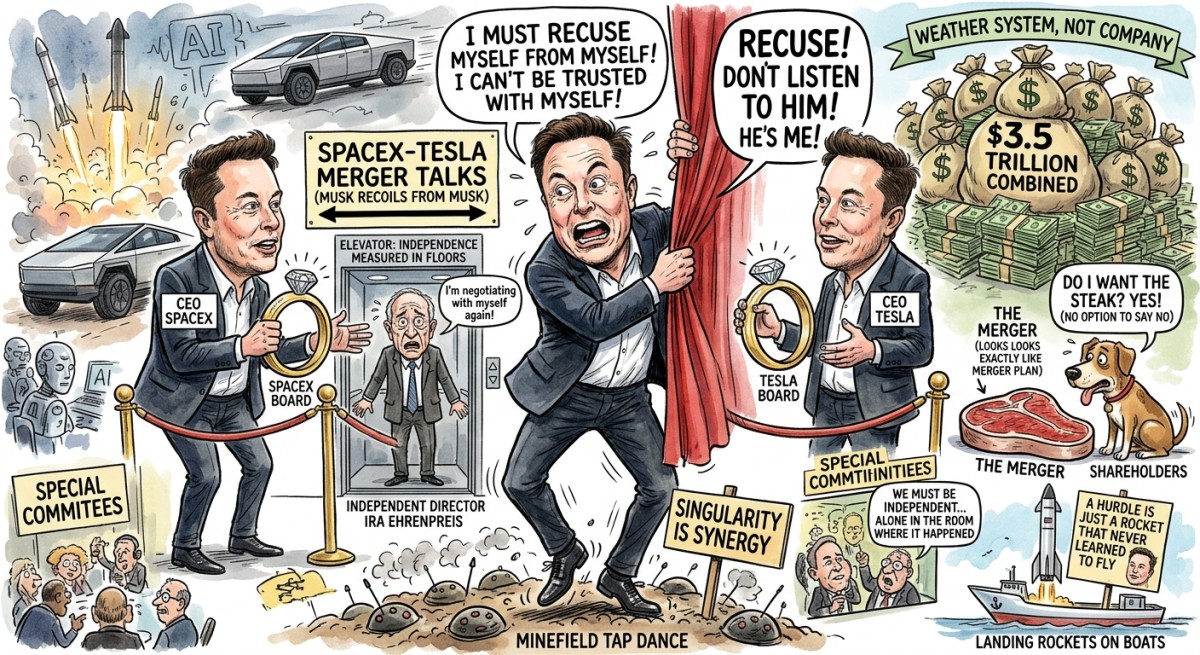 Elon Musk Proposes Merging Elon Musk's Company With Elon Musk's Other Company, Then Recuses Himself Because He Can't Be Trusted Around Himself