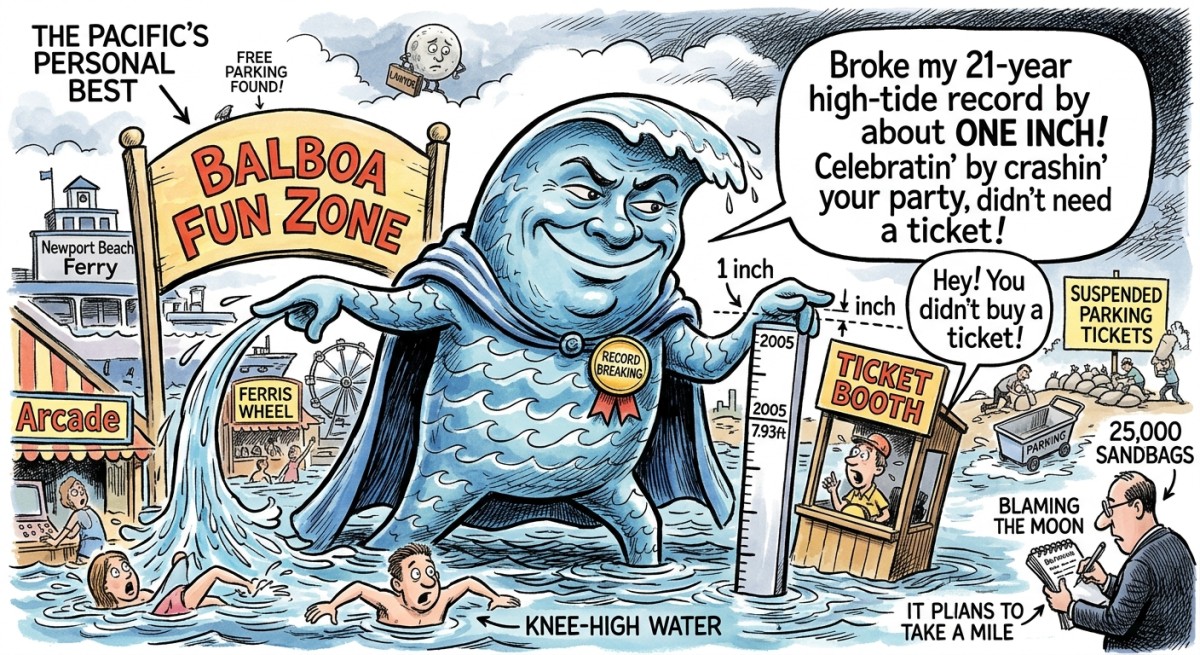 Pacific Ocean Breaks Its 21-Year High-Tide Record by About One Inch, Celebrates by Flooding the Balboa Fun Zone Without Buying a Ticket