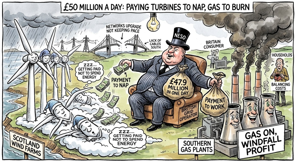 Britain Pays Nearly £50 Million in One Day to Stop Wind Farms From Working and Start Gas Plants Instead