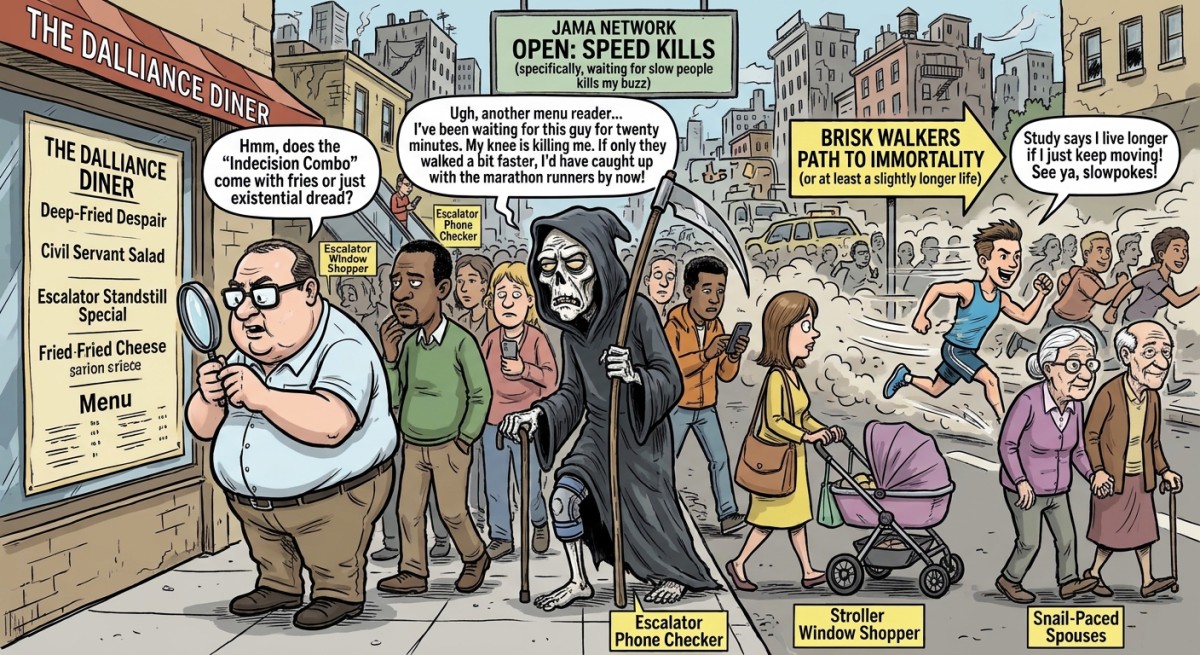 Study Finds Fast Walkers Live Longer, Confirming the Grim Reaper Mostly Catches People Who Stop to Read Restaurant Menus