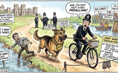 Windsor Suspect Swims the Thames, Steals a Bike, Then Loses His Triathlon to a Police Dog Towing a Cop on That Same Bike
