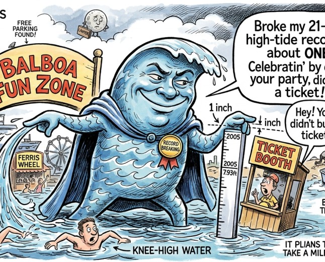 Pacific Ocean Breaks Its 21-Year High-Tide Record by About One Inch, Celebrates by Flooding the Balboa Fun Zone Without Buying a Ticket