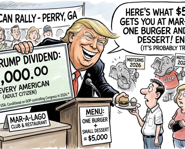 Trump Promises Every American $5,000 If Republicans Win, Having Already Disclosed It Buys One Hamburger and a Small Dessert at Mar-a-Lago